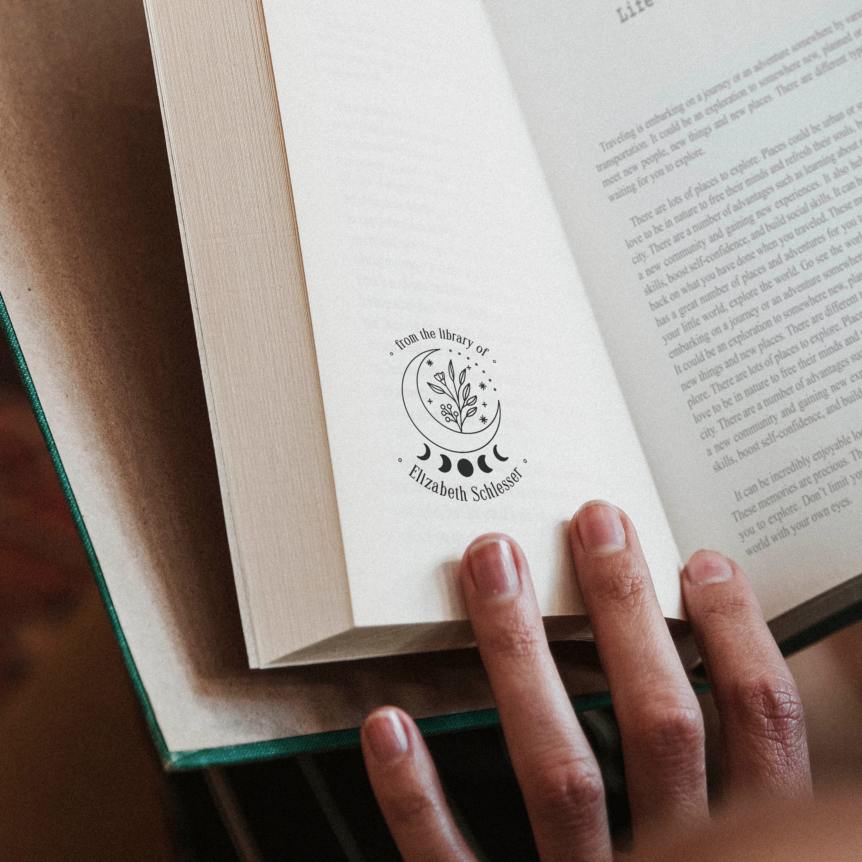 Flower Moon Personalized Book Stamp | Embosser | From the library of Ex Libris | This book belongs to | Book lover gift Self ink Wood handle